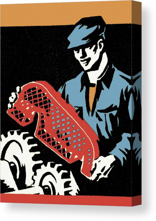 Adult Canvas Print featuring the drawing Man Covering Gears by CSA Images