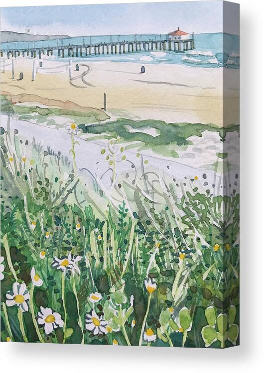 Manhattan Beach Canvas Print featuring the painting Manhattan Beach Pier by Luisa Millicent