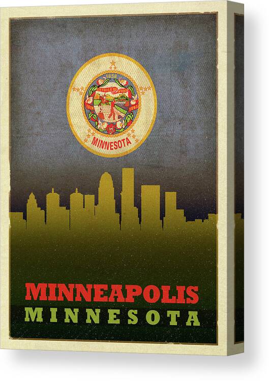 Minneapolis Canvas Print featuring the mixed media Minneapolis City Skyline State Flag Of Minnesota by Design Turnpike