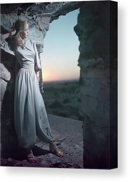 Fashion Canvas Print featuring the photograph Model in Claire McCardell Trouser Set at Twilight by Serge Balkin