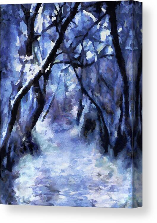 Moonlit Winter Woodpath Canvas Print featuring the digital art Moonlit Winter Woodpath by Menega Sabidussi