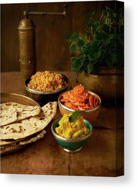 Ip_11281508 Canvas Print featuring the photograph Moroccan Appetisers And Unleavened Bread by Hannah Kompanik
