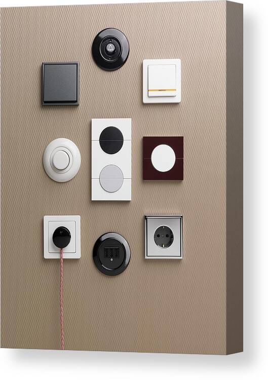 Ip_00700150 Canvas Print featuring the photograph Old And New Light Switches And Plugs Attached To A Wall by Armin Zogbaum