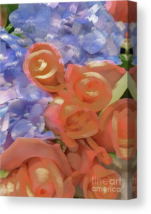Abstract Canvas Print featuring the photograph Orange rose and blue flower pastel by Phillip Rubino