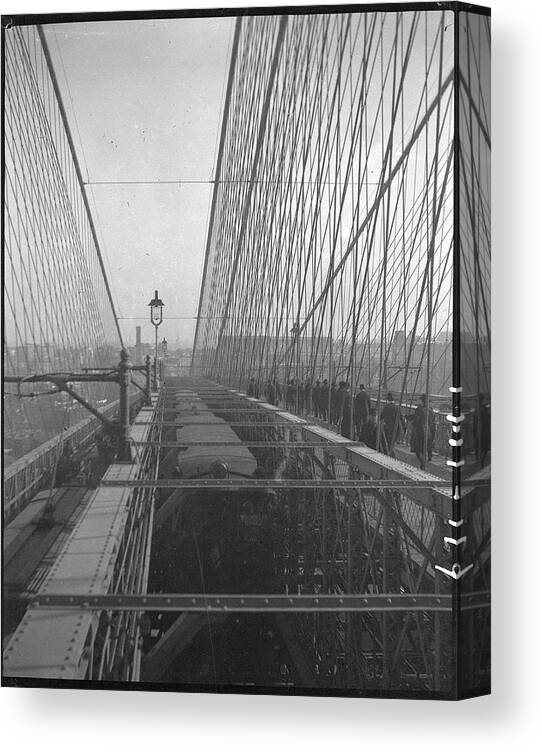 Pedestrian Canvas Print featuring the photograph Pedestrians On The Brooklyn Bridge by The New York Historical Society