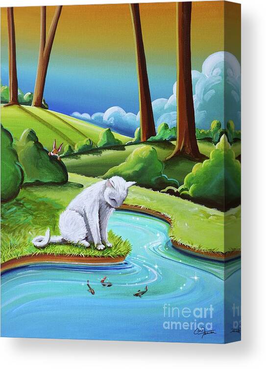 White Cat Canvas Print featuring the painting Peter Sees A Cat by Cindy Thornton