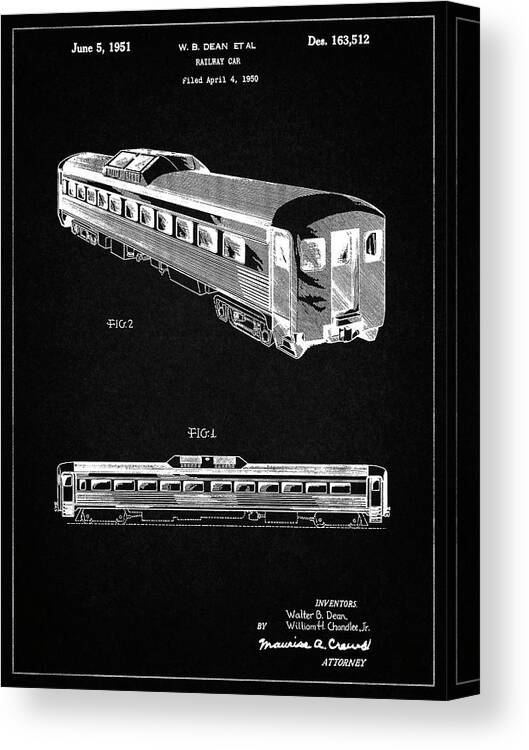 Pp1006-vintage Black Railway Passenger Car Patent Poster Canvas Print featuring the digital art Pp1006-vintage Black Railway Passenger Car Patent Poster by Cole Borders