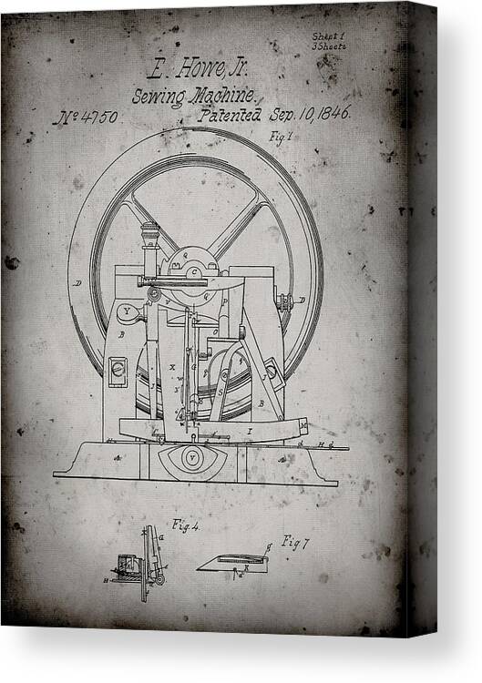 Pp1035-faded Grey Singer Sewing Machine Patent Poster Canvas Print featuring the digital art Pp1035-faded Grey Singer Sewing Machine Patent Poster by Cole Borders