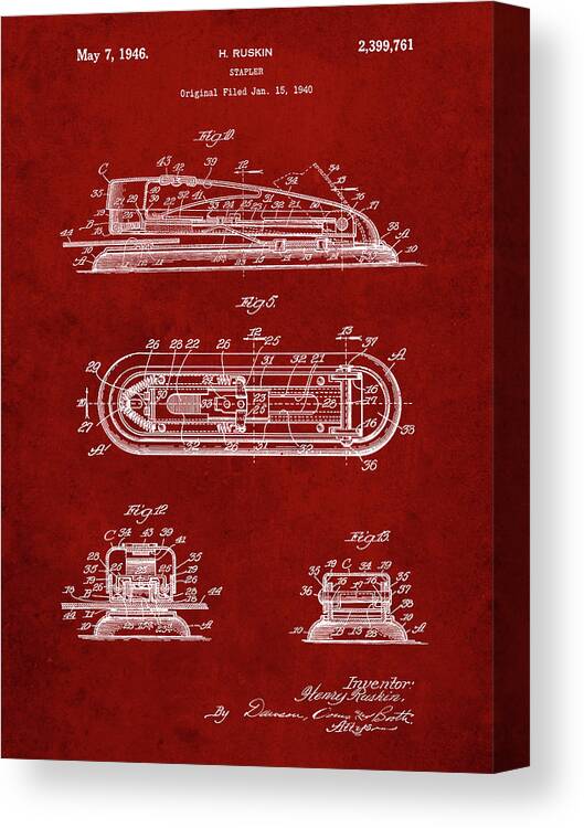 Pp1052-burgundy Stapler Patent Poster Canvas Print featuring the digital art Pp1052-burgundy Stapler Patent Poster by Cole Borders