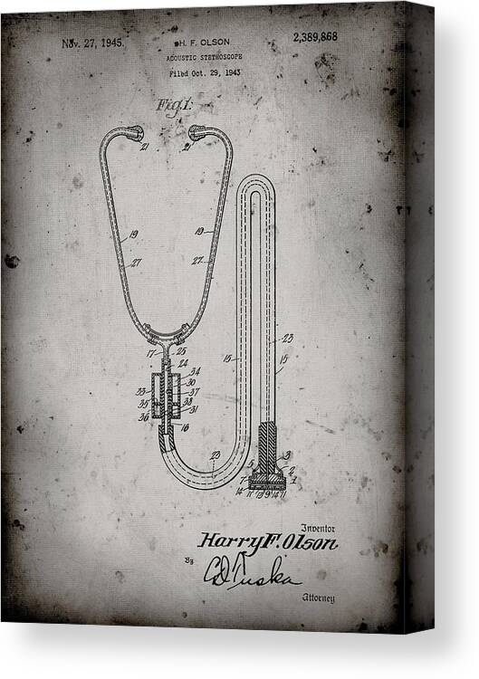 Pp1066-faded Grey Stethoscope Patent Poster Canvas Print featuring the digital art Pp1066-faded Grey Stethoscope Patent Poster by Cole Borders