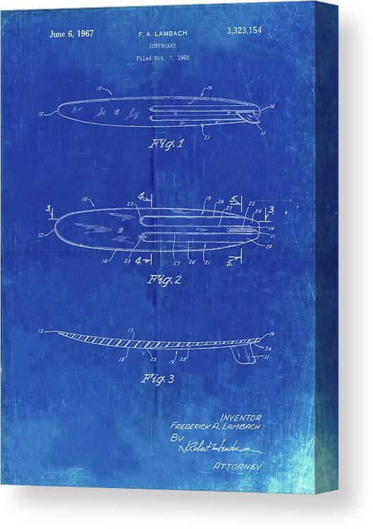 Pp1073-faded Blueprint Surfboard 1965 Patent Poster Canvas Print featuring the digital art Pp1073-faded Blueprint Surfboard 1965 Patent Poster by Cole Borders