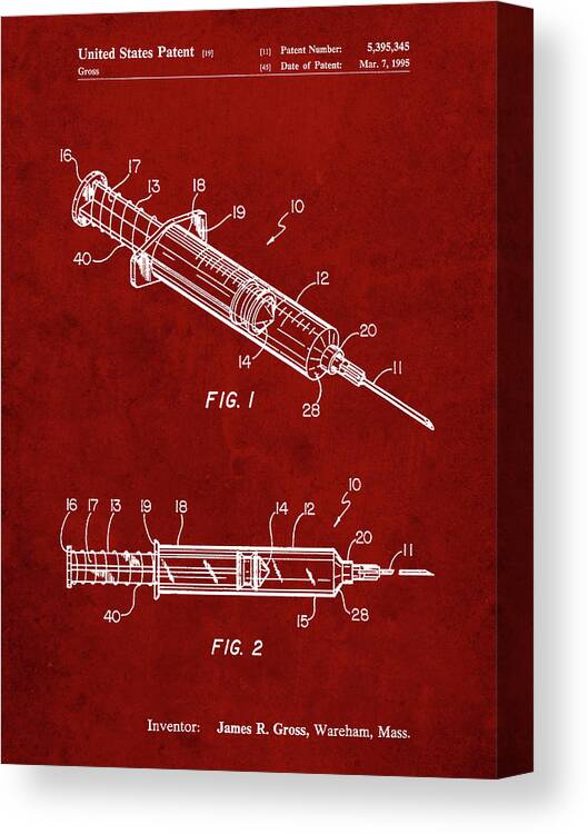 Pp1080-burgundy Syringe Patent Poster Canvas Print featuring the digital art Pp1080-burgundy Syringe Patent Poster by Cole Borders