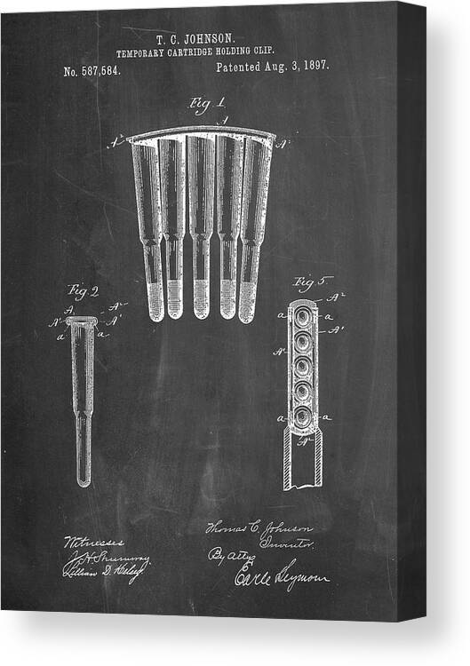 Pp1089-chalkboard Temporary Cartridge Holding Clip 1897 Patent Poster Canvas Print featuring the digital art Pp1089-chalkboard Temporary Cartridge Holding Clip 1897 Patent Poster by Cole Borders