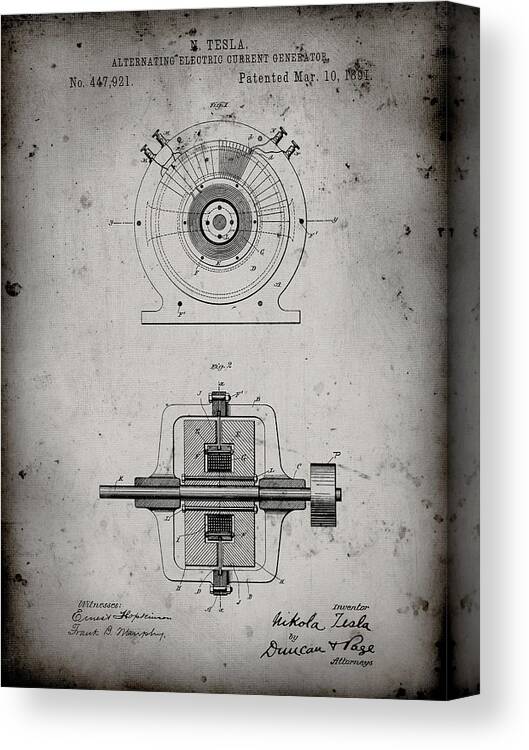 Pp1090-faded Grey Tesla Alternating Current Generator Poster Canvas Print featuring the digital art Pp1090-faded Grey Tesla Alternating Current Generator Poster by Cole Borders