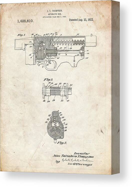 Pp1099-vintage Parchment Thompson Submachine Gun Patent Poster Canvas Print featuring the digital art Pp1099-vintage Parchment Thompson Submachine Gun Patent Poster by Cole Borders