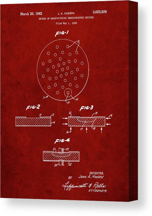 Pp1113-burgundy Transistor Semiconductor Patent Poster Canvas Print featuring the digital art Pp1113-burgundy Transistor Semiconductor Patent Poster by Cole Borders