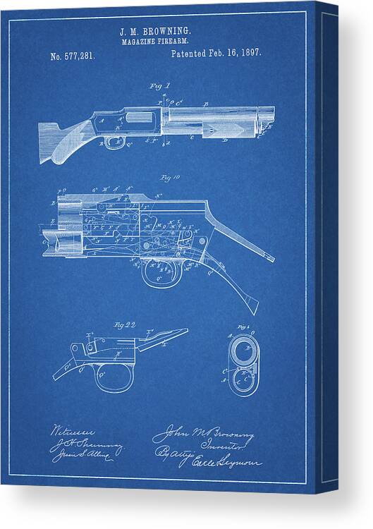 Pp1136-blueprint Winchester Model 1897 Shotgun Canvas Print featuring the digital art Pp1136-blueprint Winchester Model 1897 Shotgun by Cole Borders