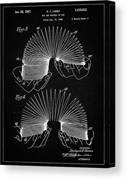 Pp125- Vintage Black Slinky Toy Patent Poster Canvas Print featuring the digital art Pp125- Vintage Black Slinky Toy Patent Poster by Cole Borders