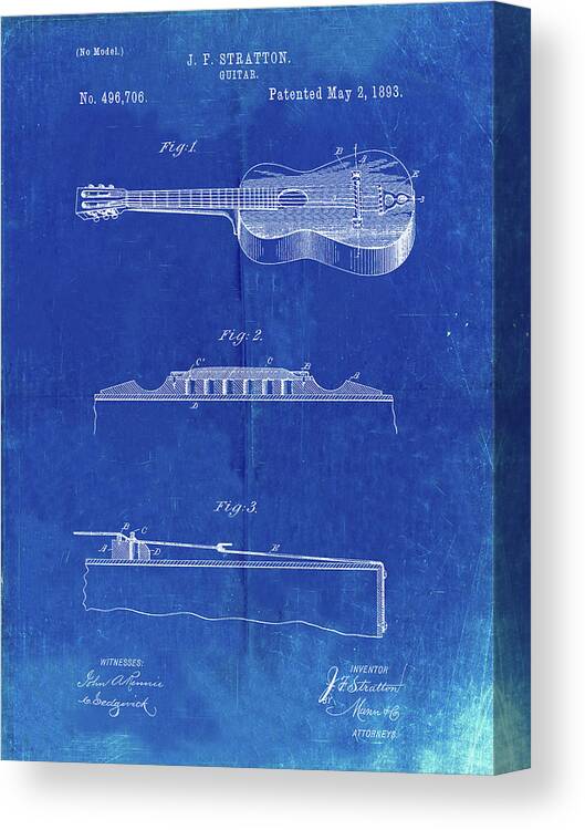Pp139- Faded Blueprint Stratton & Son Acoustic Guitar Patent Poster Canvas Print featuring the digital art Pp139- Faded Blueprint Stratton & Son Acoustic Guitar Patent Poster by Cole Borders