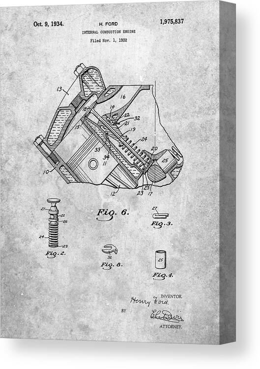 Pp172- Ford V-8 Combustion Engine 1934 Patent Poster Canvas Print featuring the digital art Pp172- Ford V-8 Combustion Engine 1934 Patent Poster by Cole Borders