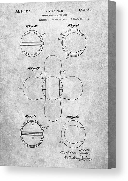Pp182- Tennis Ball 1932 Patent Poster Canvas Print featuring the digital art Pp182- Tennis Ball 1932 Patent Poster by Cole Borders