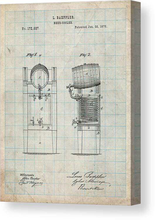 Pp186- Antique Grid Parchment Beer Keg Cooler 1876 Patent Poster Canvas Print featuring the digital art Pp186- Antique Grid Parchment Beer Keg Cooler 1876 Patent Poster by Cole Borders