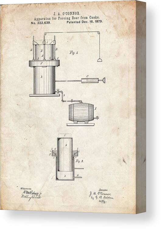 Pp215-vintage Parchment Antique Beer Cask Diagram Patent Poster Canvas Print featuring the digital art Pp215-vintage Parchment Antique Beer Cask Diagram Patent Poster by Cole Borders