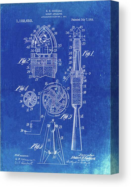 Pp230-faded Blueprint Robert Goddard Rocket Patent Poster Canvas Print featuring the photograph Pp230-faded Blueprint Robert Goddard Rocket Patent Poster by Cole Borders