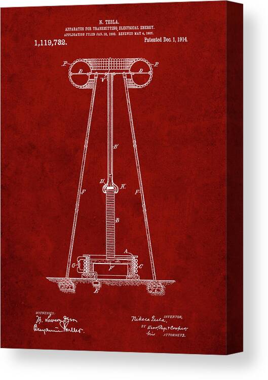 Pp241-burgundy Tesla Energy Transmitter Patent Poster Canvas Print featuring the digital art Pp241-burgundy Tesla Energy Transmitter Patent Poster by Cole Borders