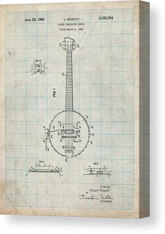 Pp242-antique Grid Parchment Modern Banjo Patent Poster Canvas Print featuring the digital art Pp242-antique Grid Parchment Modern Banjo Patent Poster by Cole Borders