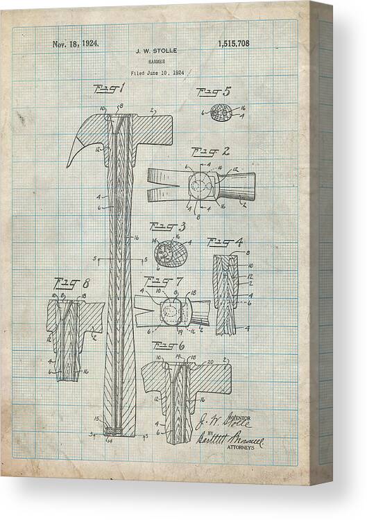 Pp275-antique Grid Parchment Claw Hammer Patent Poster Canvas Print featuring the digital art Pp275-antique Grid Parchment Claw Hammer Patent Poster by Cole Borders