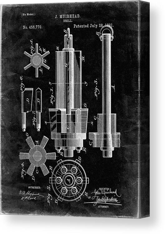 Pp280-black Grunge Mining Drill Tool 1891 Patent Poster Canvas Print featuring the digital art Pp280-black Grunge Mining Drill Tool 1891 Patent Poster by Cole Borders