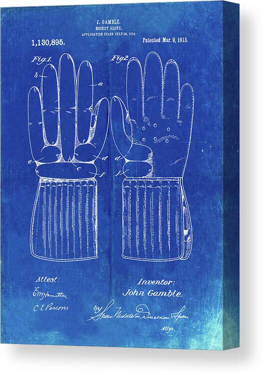 Pp292-faded Blueprint Vintage Hockey Glove Patent Poster Canvas Print featuring the digital art Pp292-faded Blueprint Vintage Hockey Glove Patent Poster by Cole Borders
