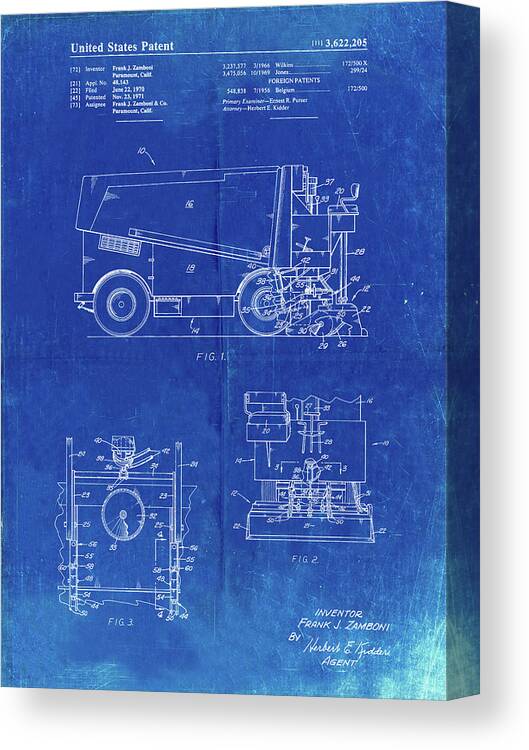 Pp313-faded Blueprint Ice Resurfacing Patent Poster
 Canvas Print featuring the digital art Pp313-faded Blueprint Ice Resurfacing Patent Poster by Cole Borders