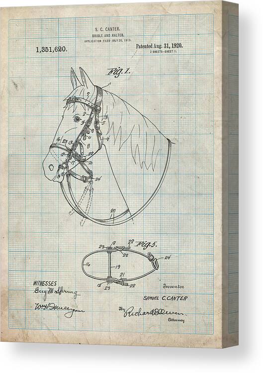 Pp338-antique Grid Parchment Bridle And Halter Patent Poster Canvas Print featuring the digital art Pp338-antique Grid Parchment Bridle And Halter Patent Poster by Cole Borders