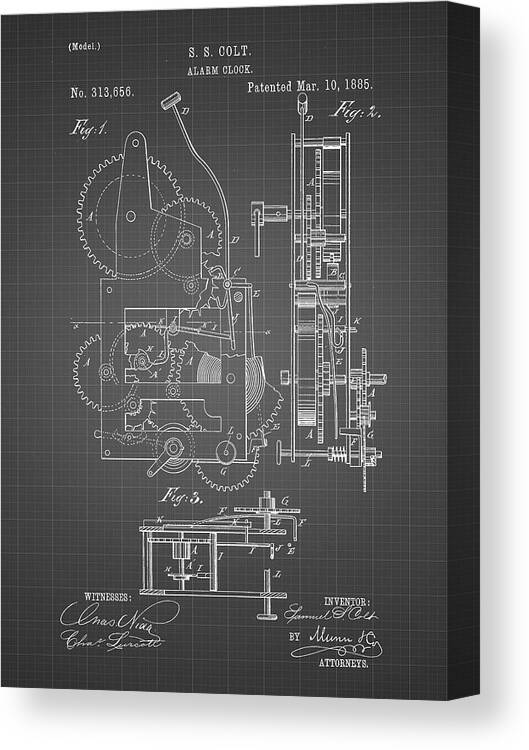 Pp349-black Grid Vintage Alarm Clock Patent Poster Canvas Print featuring the digital art Pp349-black Grid Vintage Alarm Clock Patent Poster by Cole Borders