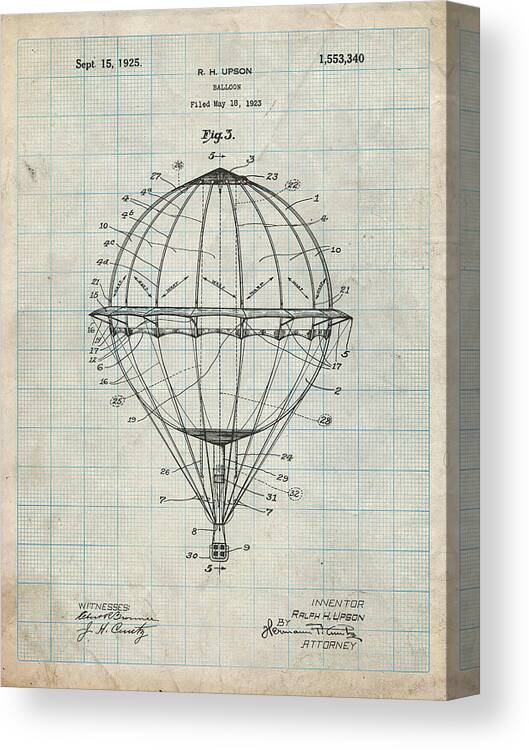 Pp36-antique Grid Parchment Hot Air Balloon 1923 Patent Poster Canvas Print featuring the digital art Pp36-antique Grid Parchment Hot Air Balloon 1923 Patent Poster by Cole Borders