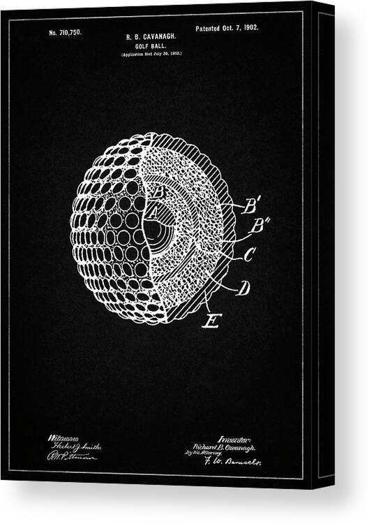 Pp42-vintage Black Golf Ball 1902 Patent Poster Canvas Print featuring the digital art Pp42-vintage Black Golf Ball 1902 Patent Poster by Cole Borders