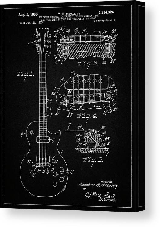 Pp47-vintage Black Gibson Les Paul Guitar Patent Poster Canvas Print featuring the digital art Pp47-vintage Black Gibson Les Paul Guitar Patent Poster by Cole Borders
