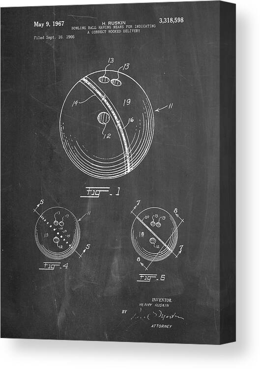 Pp493-chalkboard Bowling Ball 1967 Patent Poster Canvas Print featuring the digital art Pp493-chalkboard Bowling Ball 1967 Patent Poster by Cole Borders