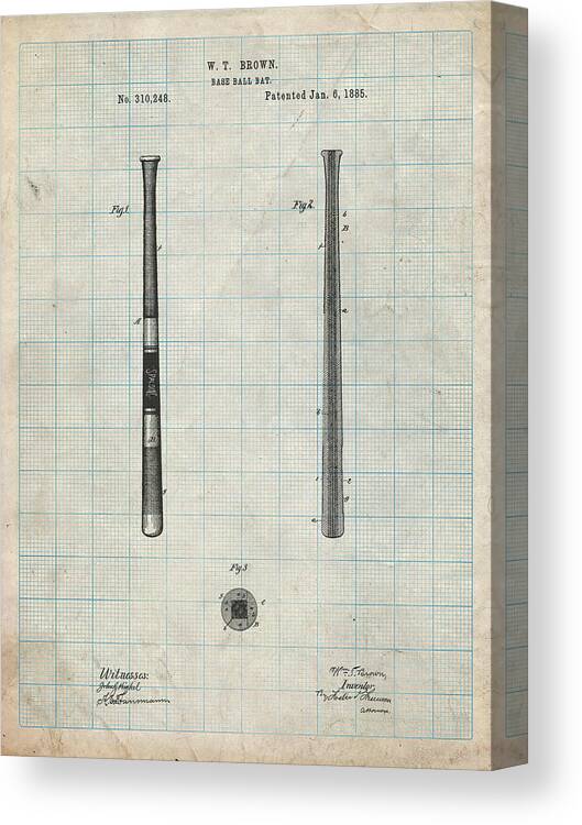 Pp539-antique Grid Parchment Antique Baseball Bat 1885 Patent Poster Canvas Print featuring the digital art Pp539-antique Grid Parchment Antique Baseball Bat 1885 Patent Poster by Cole Borders