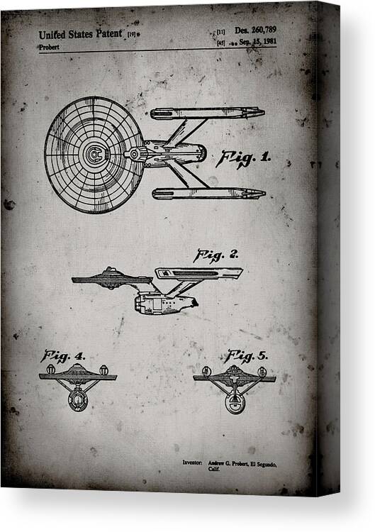 Pp56-faded Grey Starship Enterprise Patent Poster Canvas Print featuring the digital art Pp56-faded Grey Starship Enterprise Patent Poster by Cole Borders