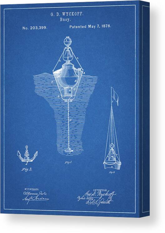 Pp599-blueprint Water Buoy Patent Poster Canvas Print featuring the digital art Pp599-blueprint Water Buoy Patent Poster by Cole Borders