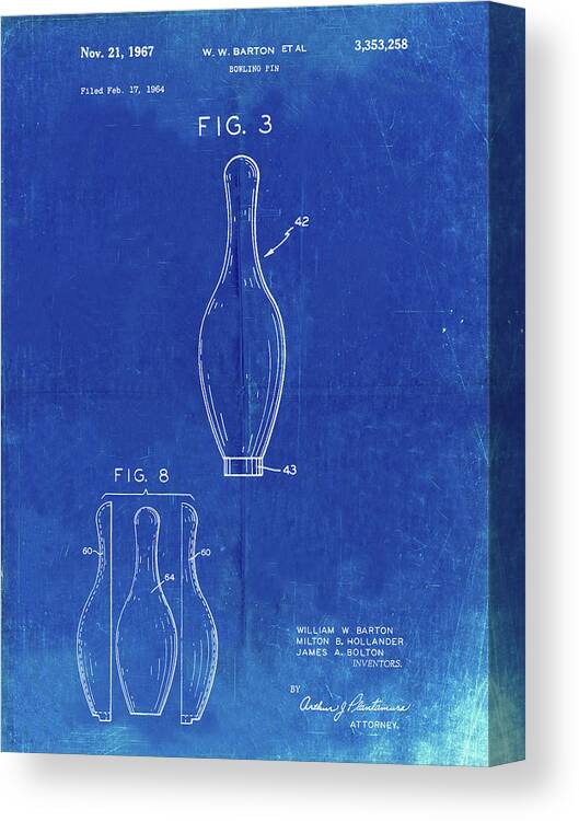Pp641-faded Blueprint Bowling Pin 1967 Patent Poster Canvas Print featuring the digital art Pp641-faded Blueprint Bowling Pin 1967 Patent Poster by Cole Borders