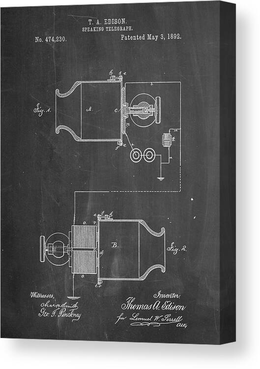 Pp644-chalkboard Edison Speaking Telegraph Patent Poster Canvas Print featuring the digital art Pp644-chalkboard Edison Speaking Telegraph Patent Poster by Cole Borders