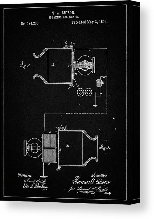 Pp644-vintage Black Edison Speaking Telegraph Patent Poster Canvas Print featuring the digital art Pp644-vintage Black Edison Speaking Telegraph Patent Poster by Cole Borders