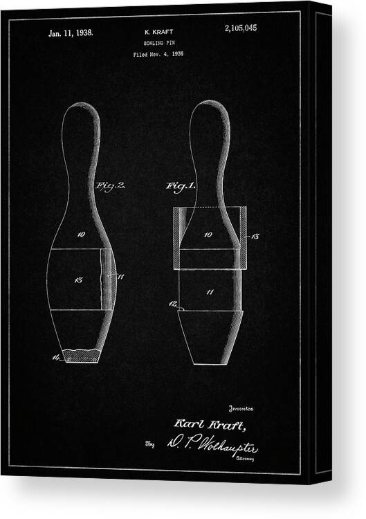 Pp653-vintage Black Bowling Pin 1938 Patent Poster Canvas Print featuring the digital art Pp653-vintage Black Bowling Pin 1938 Patent Poster by Cole Borders