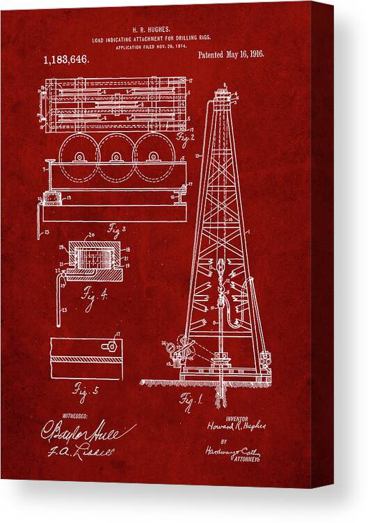 Pp66-burgundy Howard Hughes Oil Drilling Rig Patent Poster Canvas Print featuring the digital art Pp66-burgundy Howard Hughes Oil Drilling Rig Patent Poster by Cole Borders