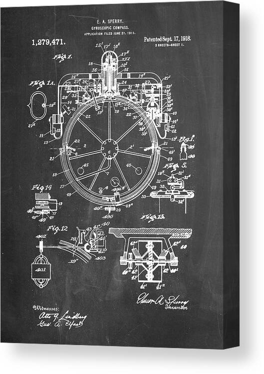 Pp67-chalkboard Gyrocompass Patent Poster Canvas Print featuring the digital art Pp67-chalkboard Gyrocompass Patent Poster by Cole Borders