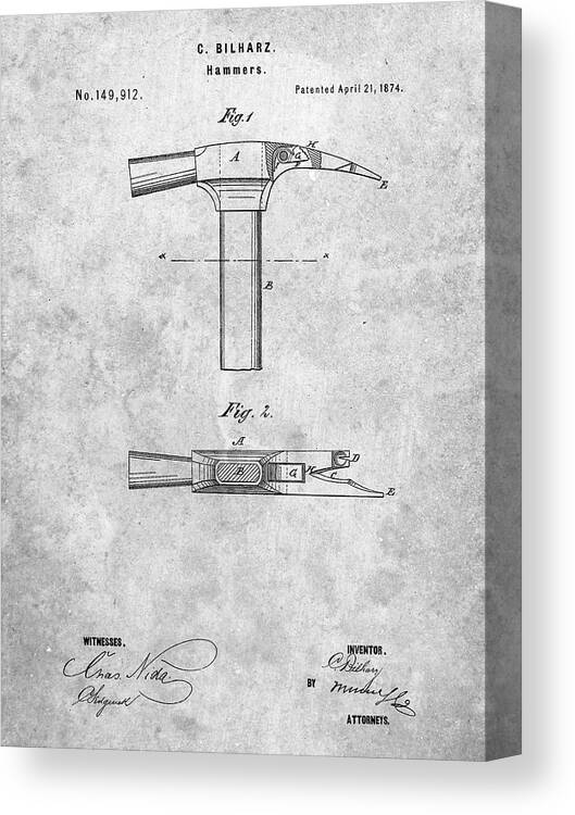 Pp689-slate Claw Hammer 1874 Patent Poster Canvas Print featuring the digital art Pp689-slate Claw Hammer 1874 Patent Poster by Cole Borders